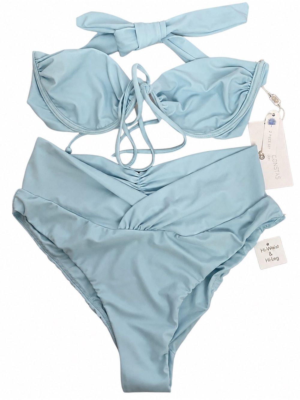 NWT Caroline Constas Bandeau Underwire Halter Bikini Set Ice Blue High Waist L